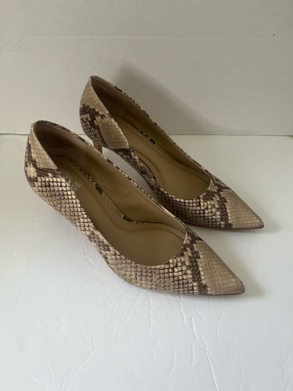 Vince Camuto Beige and Brown Snake-Print Pointed Toe Pumps